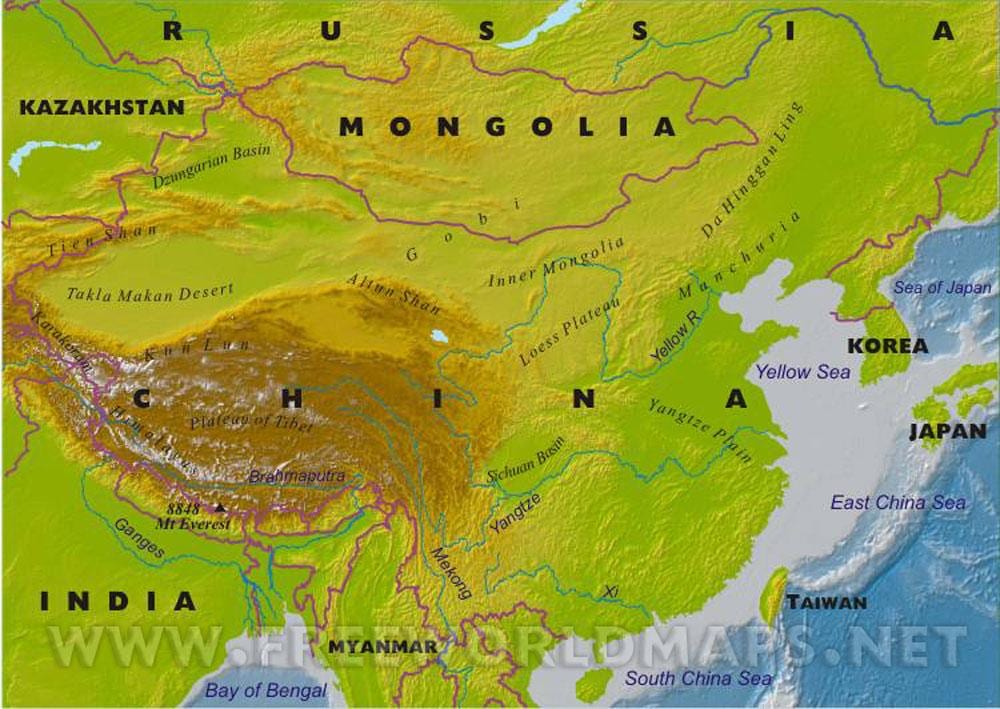 карта на Китай с географски характеристики